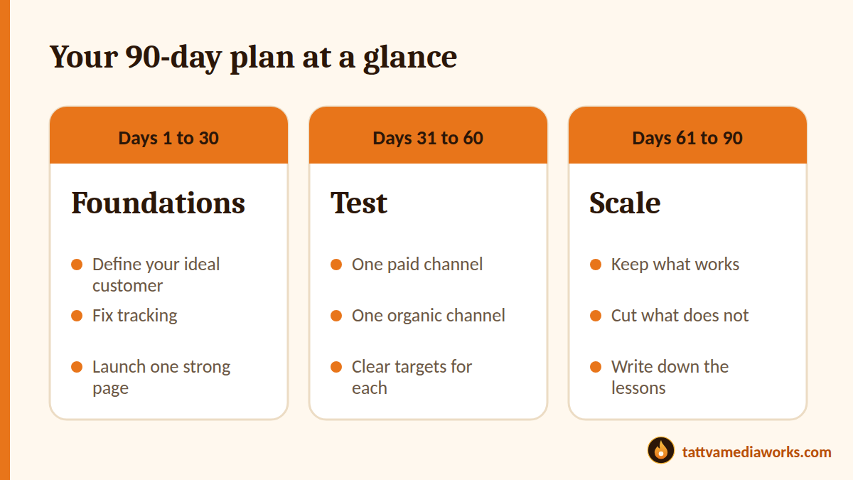 90-day plan in three phases: foundations, test and scale, with key actions for each