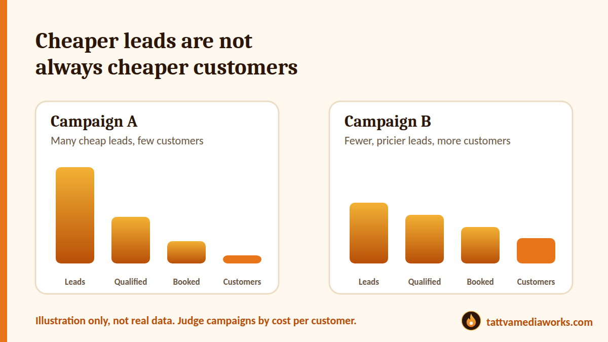 Illustration comparing two campaigns: many cheap leads with few customers, and fewer leads with more customers