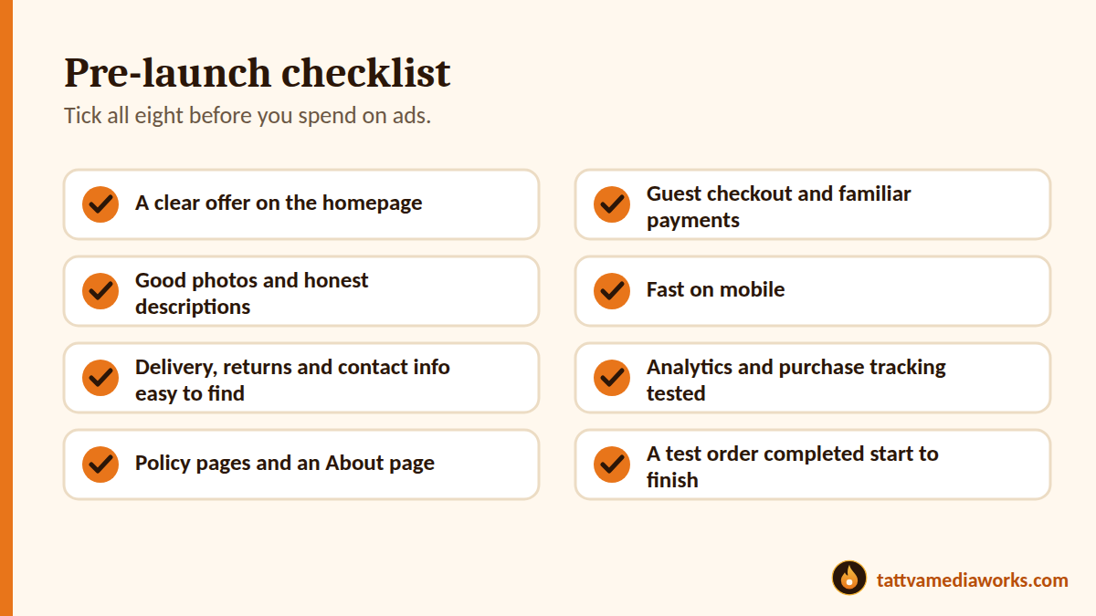 Pre-launch checklist for a new online store with eight items to tick