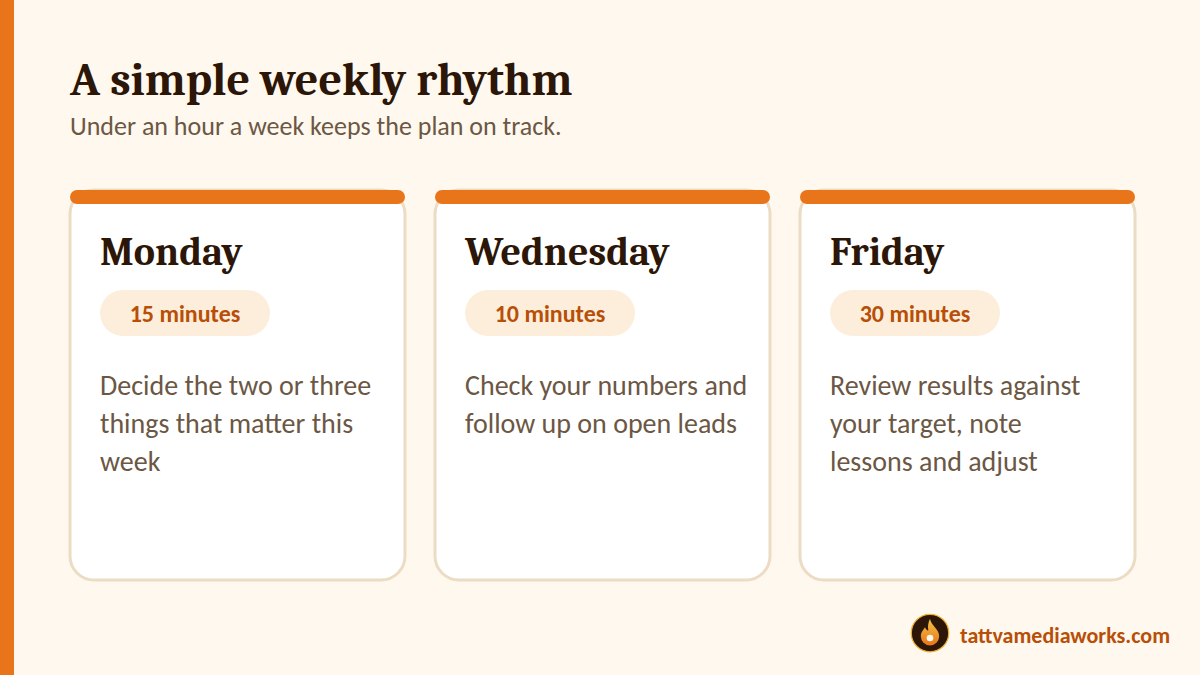 Weekly marketing rhythm: 15 minutes on Monday, 10 minutes on Wednesday, 30 minutes on Friday